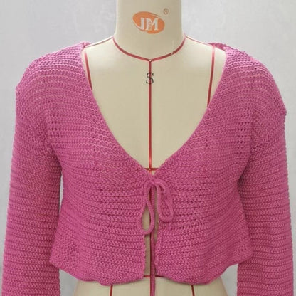 V neck self tie knit crochet long sleeve solid crop top