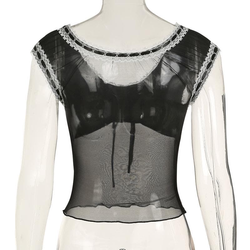 Lace hem mesh bowknot ribbon ruffle top