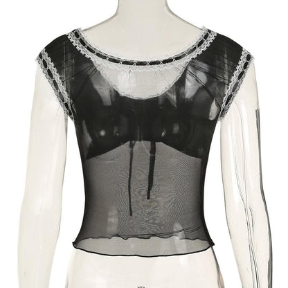 Lace hem mesh bowknot ribbon ruffle top