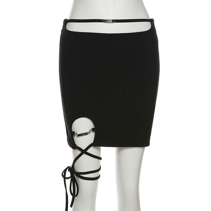 Hollow out metal chain self tie zip-up cut out mini skirt