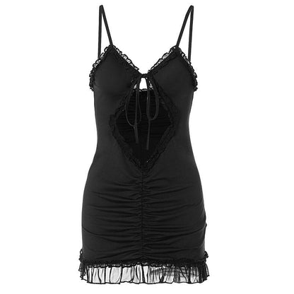 Ruffle hollow out ruched backless cami cut out mini dress