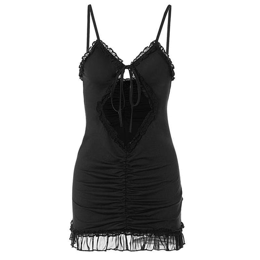 Ruffle hollow out ruched backless cami cut out mini dress