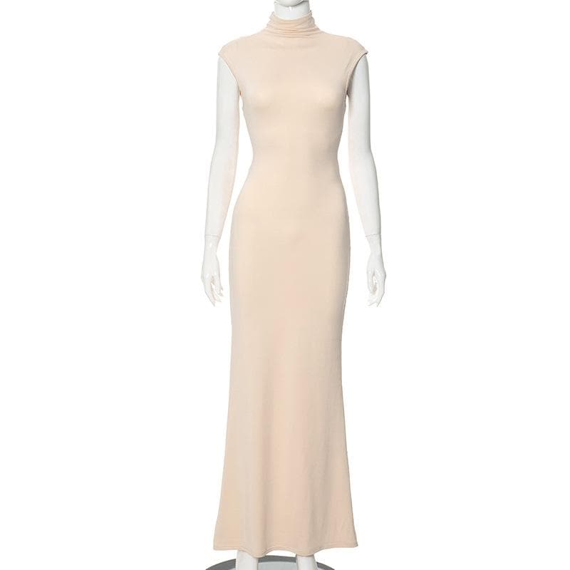 High neck cap sleeve solid maxi dress