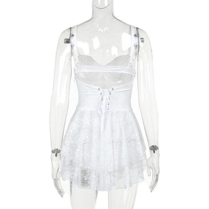 Ruffle bustier bowknot mesh lace up backless cami mini dress