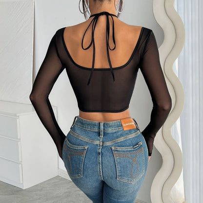 Long sleeve hollow out lace halter mesh cut out top