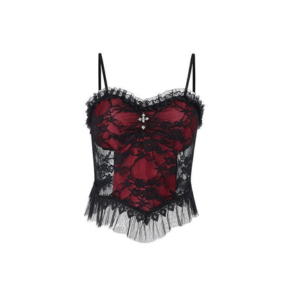 Sleeveless lace hem contrast spider web applique backless crop top