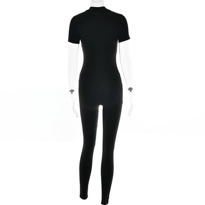 Short sleeve zip-up high neck solid jumpsuit