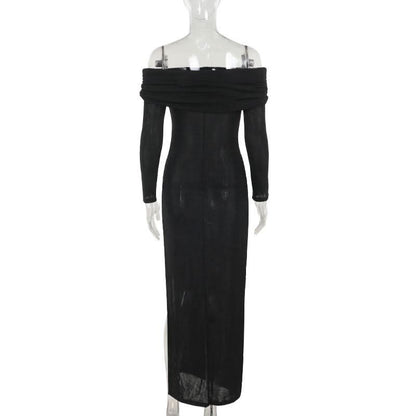 Off shoulder long sleeve high slit o ring maxi dress