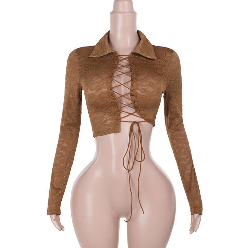 Turnover collar long sleeve lace up lace crop top