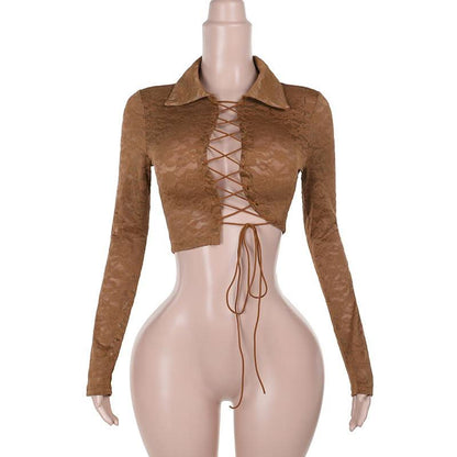 Turnover collar long sleeve lace up lace crop top