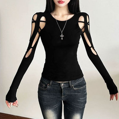 Long sleeve web hollow out cut out top