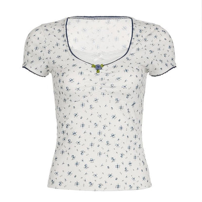 Short sleeve patchwork flower applique print top