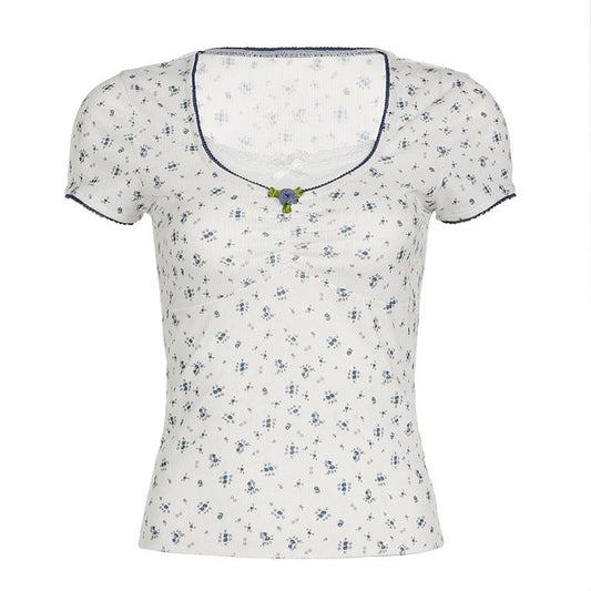 Short sleeve patchwork flower applique print top
