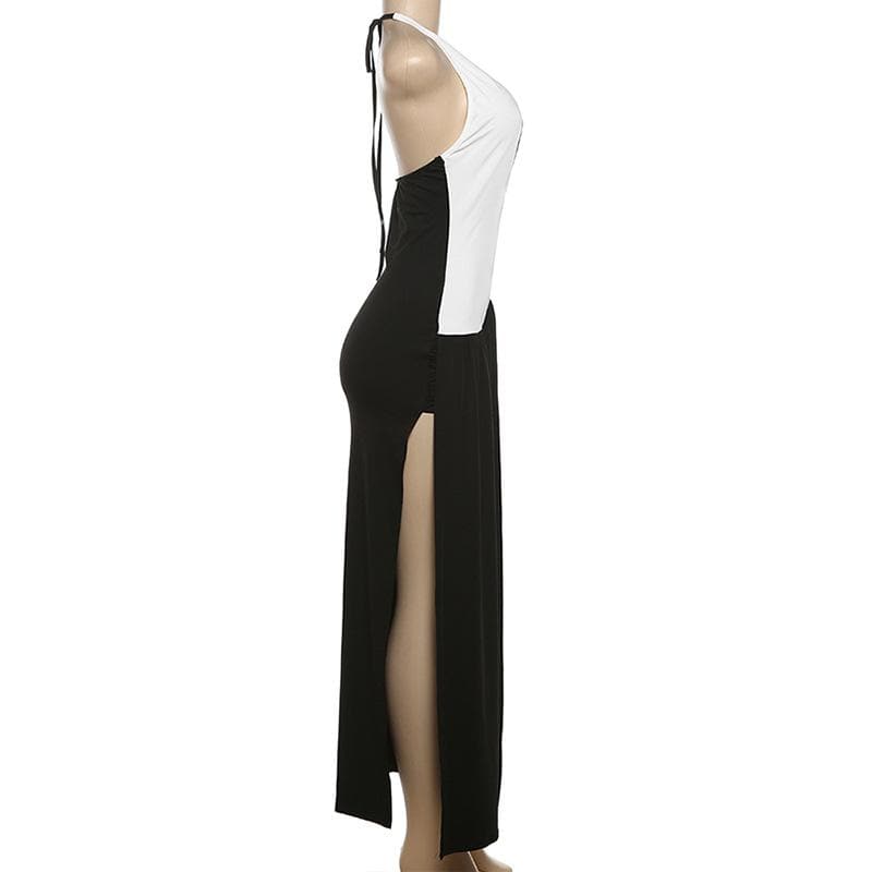 Halter deep v neck high slit patchwork midi dress