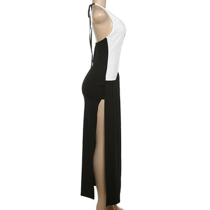 Halter deep v neck high slit patchwork midi dress