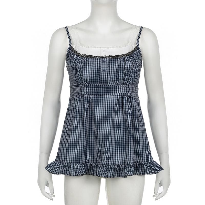 U neck plaid print patchwork lace hem ruffle top