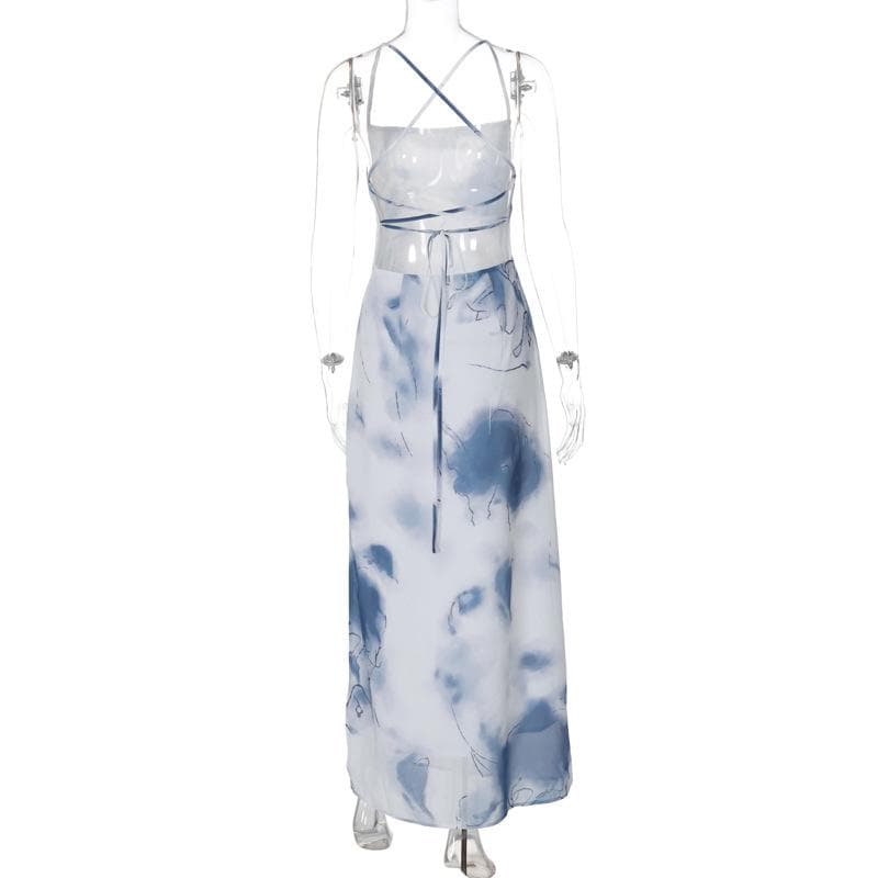 Tie dye print high slit cross back cami maxi dress