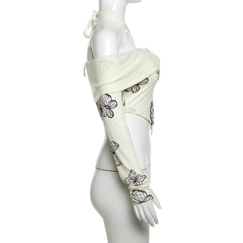 Butterfly print contrast off shoulder halter long sleeve crop top