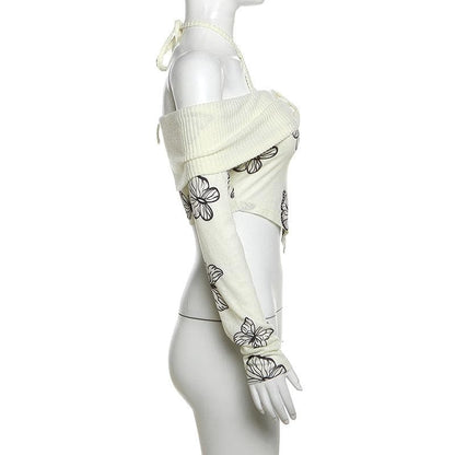 Butterfly print contrast off shoulder halter long sleeve crop top