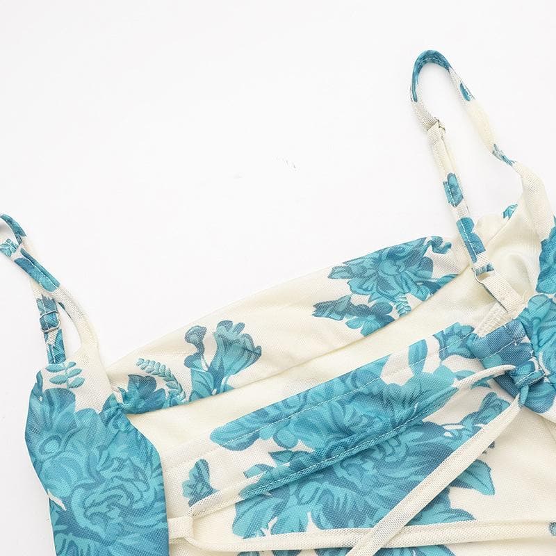 Flower print mesh lace up cami mini dress