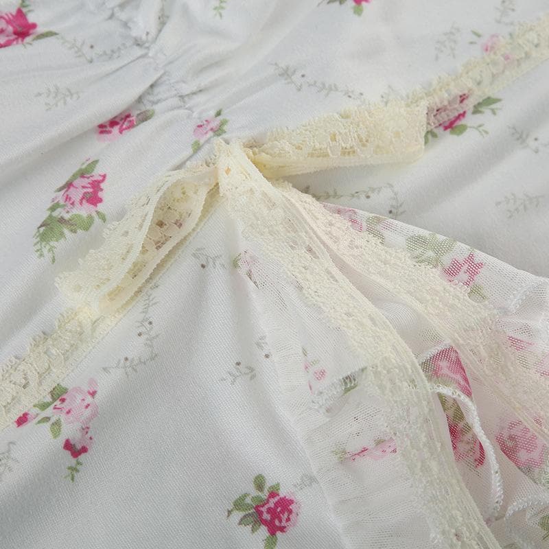 Lace hem bowknot ruched flower print cami top