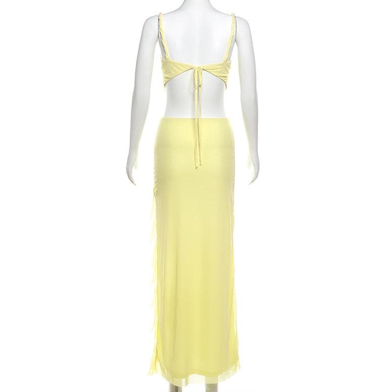 V neck ruffle mesh backless cami maxi skirt set