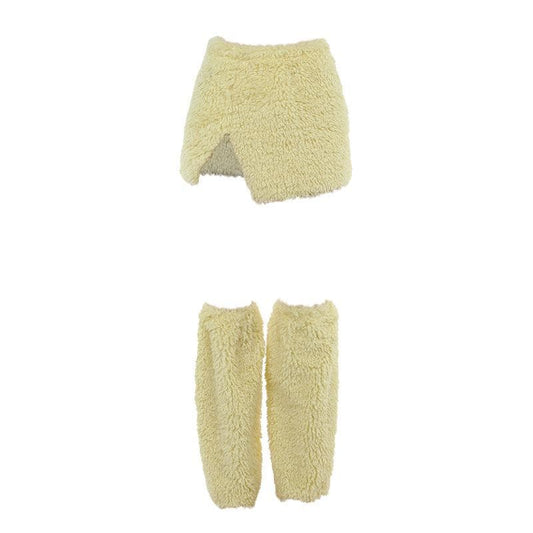 Fluffy slit leg warmer solid mini skirt