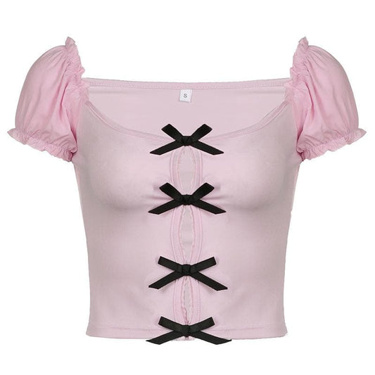 Short puff sleeve hollow out bowknot cut out top