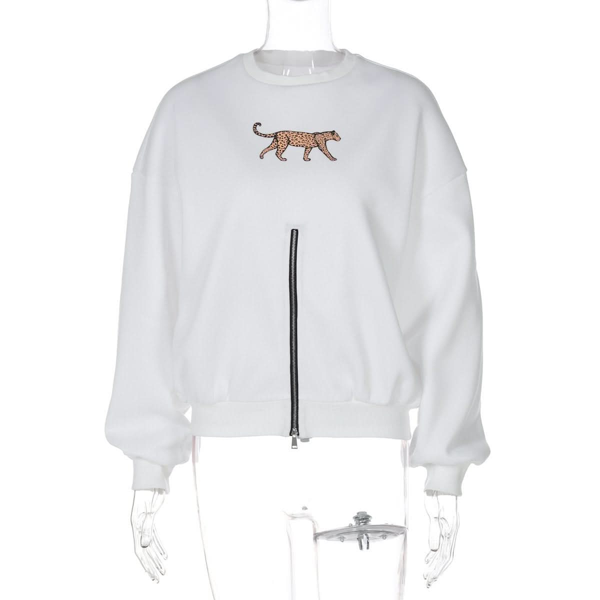 Long sleeve crewneck leopard pattern zip-up top