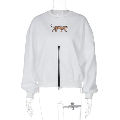 Long sleeve crewneck leopard pattern zip-up top