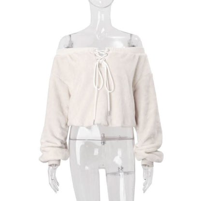 Off shoulder long sleeve fluffy self tie top