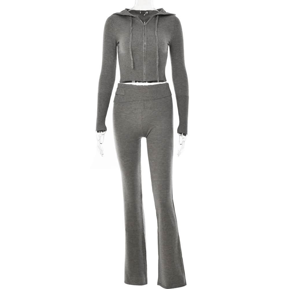 Long sleeve zip-up hoodie drawstring solid pant set