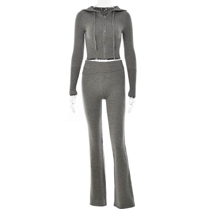 Long sleeve zip-up hoodie drawstring solid pant set