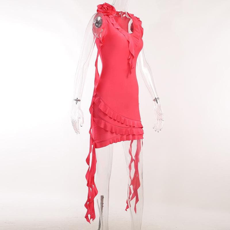 V Neck Floral Applique Ruffle Ribbon Asymmetric Hem Mini Dress