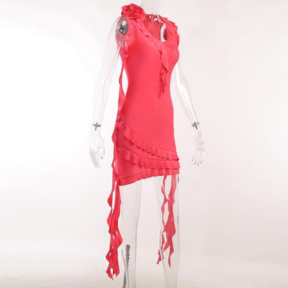 V Neck Floral Applique Ruffle Ribbon Asymmetric Hem Mini Dress