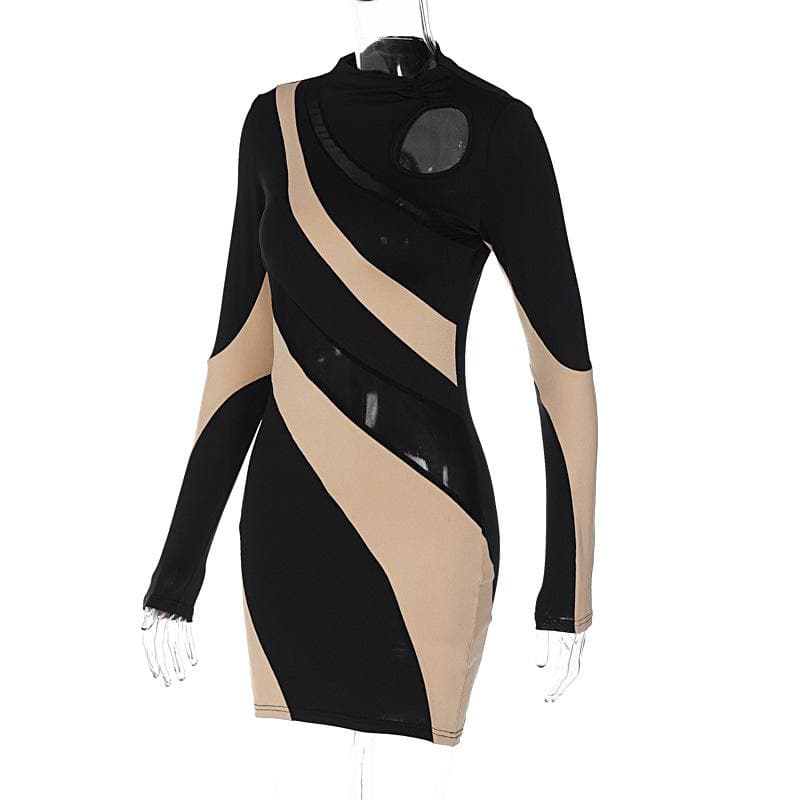Mock Neck Mesh Panel Geometric Patchwork Long Sleeve Mini Dress