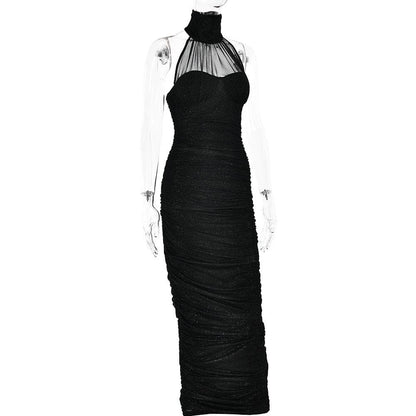 High neck ruched glitter zip-up slit backless maxi dress