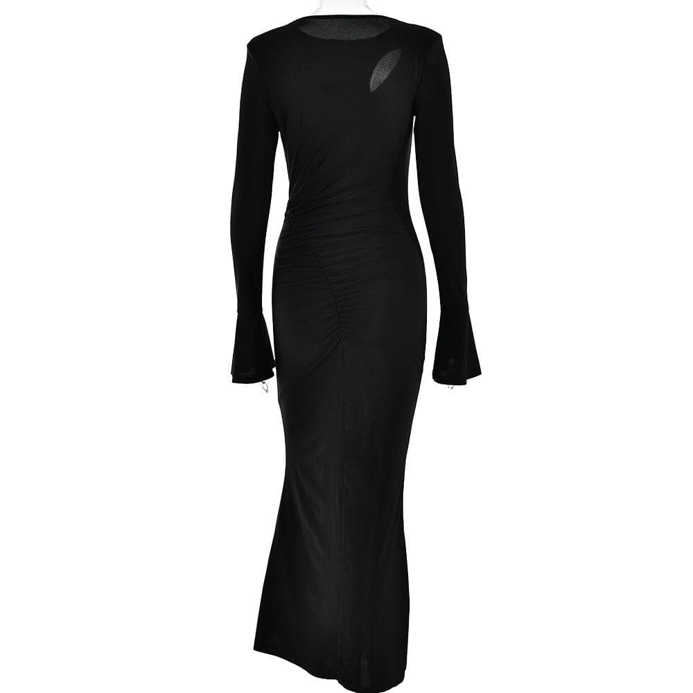 Ruched solid hollow out irregular long sleeve cut out maxi dress
