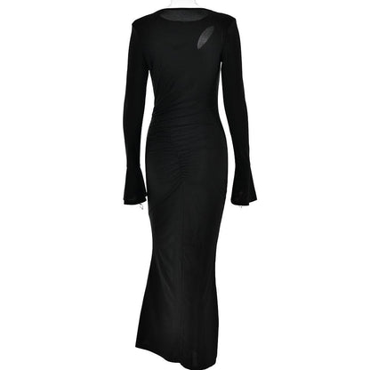 Ruched solid hollow out irregular long sleeve cut out maxi dress