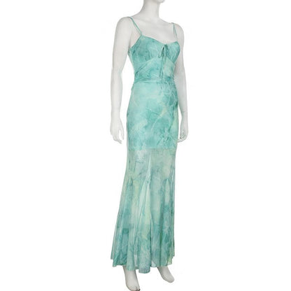 Lace hem print mesh knotted ruched cami maxi dress