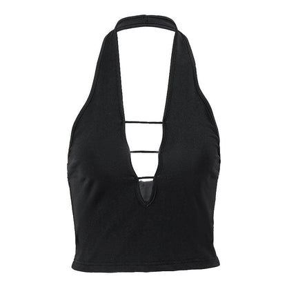 Halter irregular v neck backless solid crop top