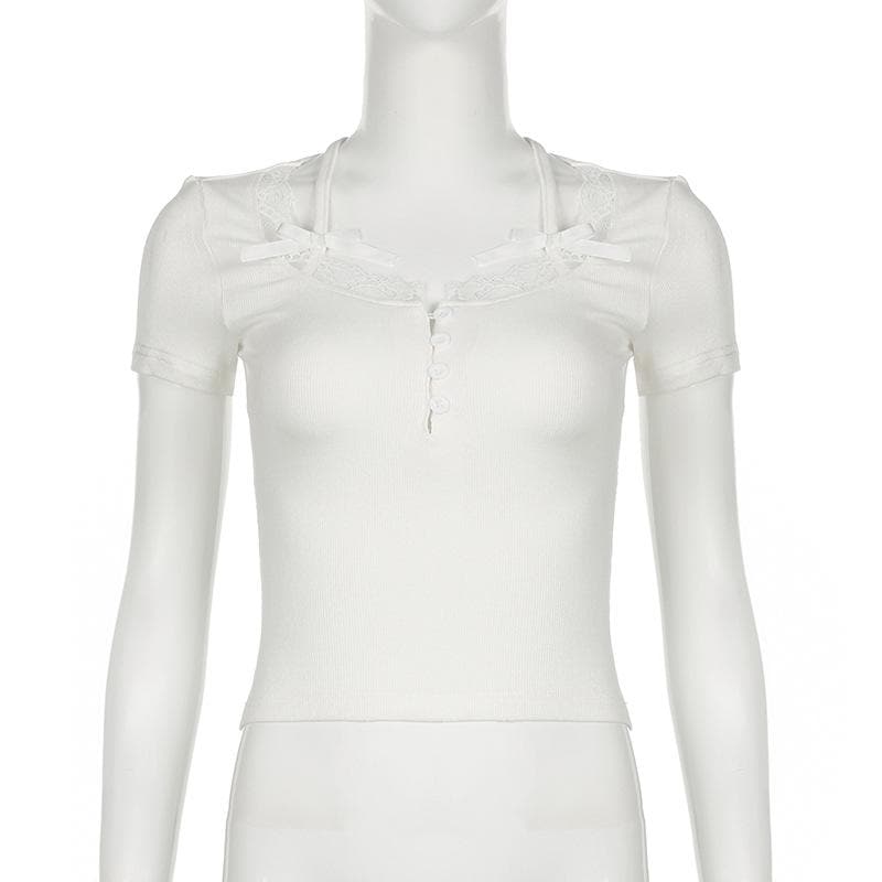 Short sleeve lace hem ribbed bowknot button crop top