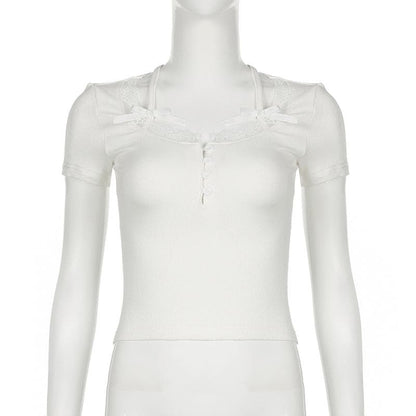 Short sleeve lace hem ribbed bowknot button crop top
