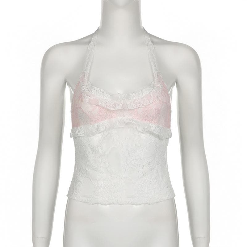Halter u neck lace hem ruffle top