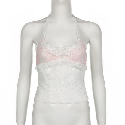 Halter u neck lace hem ruffle top