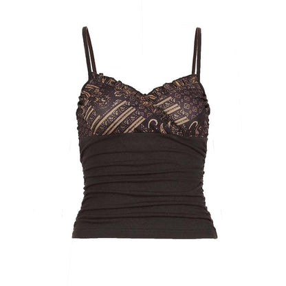 Ruffle v neck print patchwork ruched cami top