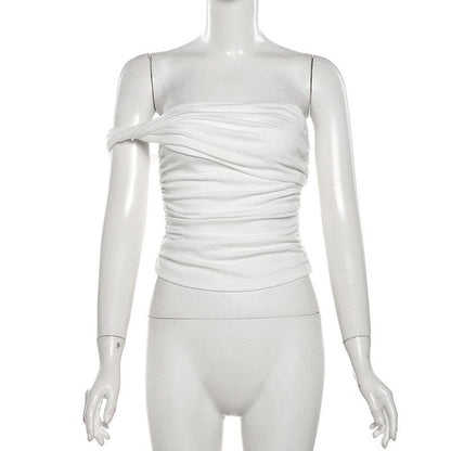 Irregular off shoulder ruched solid top