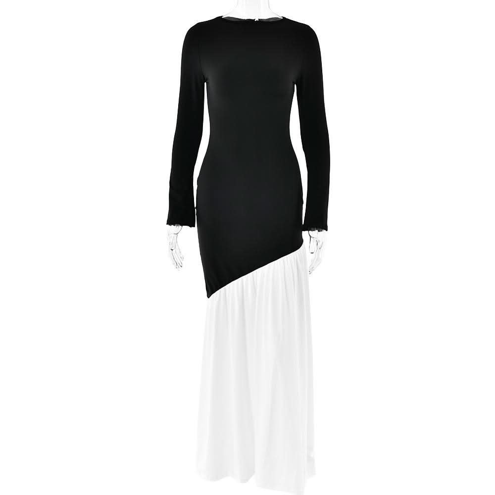 Long sleeve irregular crewneck ruched slit maxi dress