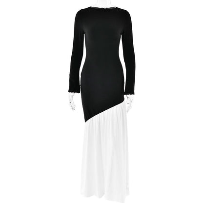 Long sleeve irregular crewneck ruched slit maxi dress