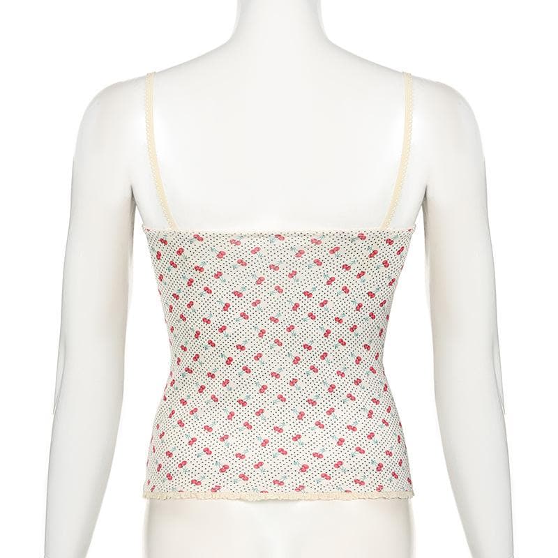 V neck cherry print bowknot lace hem polka dot cami top